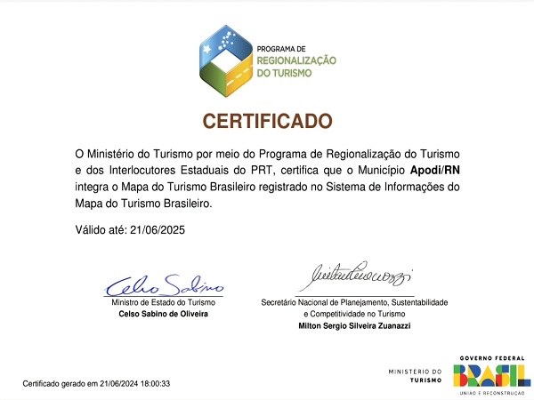 Apodi recebe certificação do Ministério do Turismo